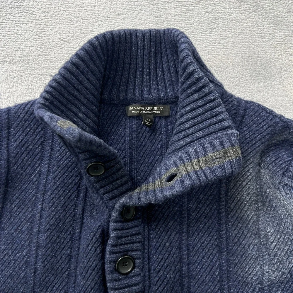 Banana Republic Italian Yarn Merino Wool Sweater 1/4 Button Men XL Blue Rib Knit
